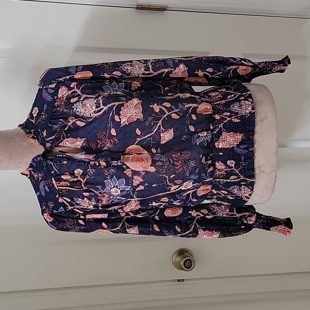 Rachel Zoe, Size XS, High Neck Floral Print Smocked Waist Tie Neck Blouse